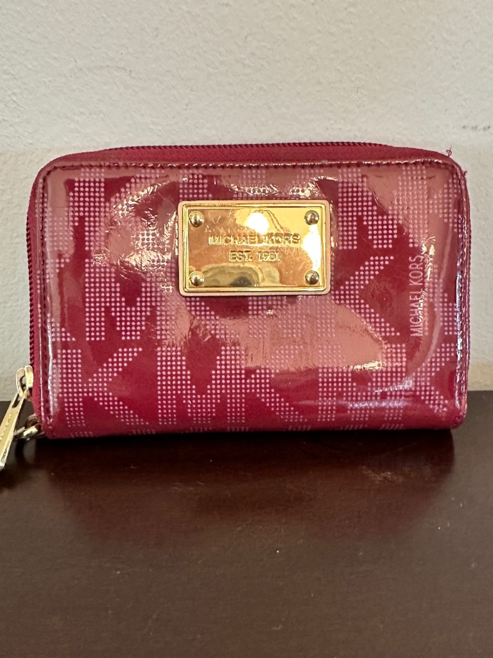 Michael Kors Signature Burgundy Patent Leather Zip Around Wallet